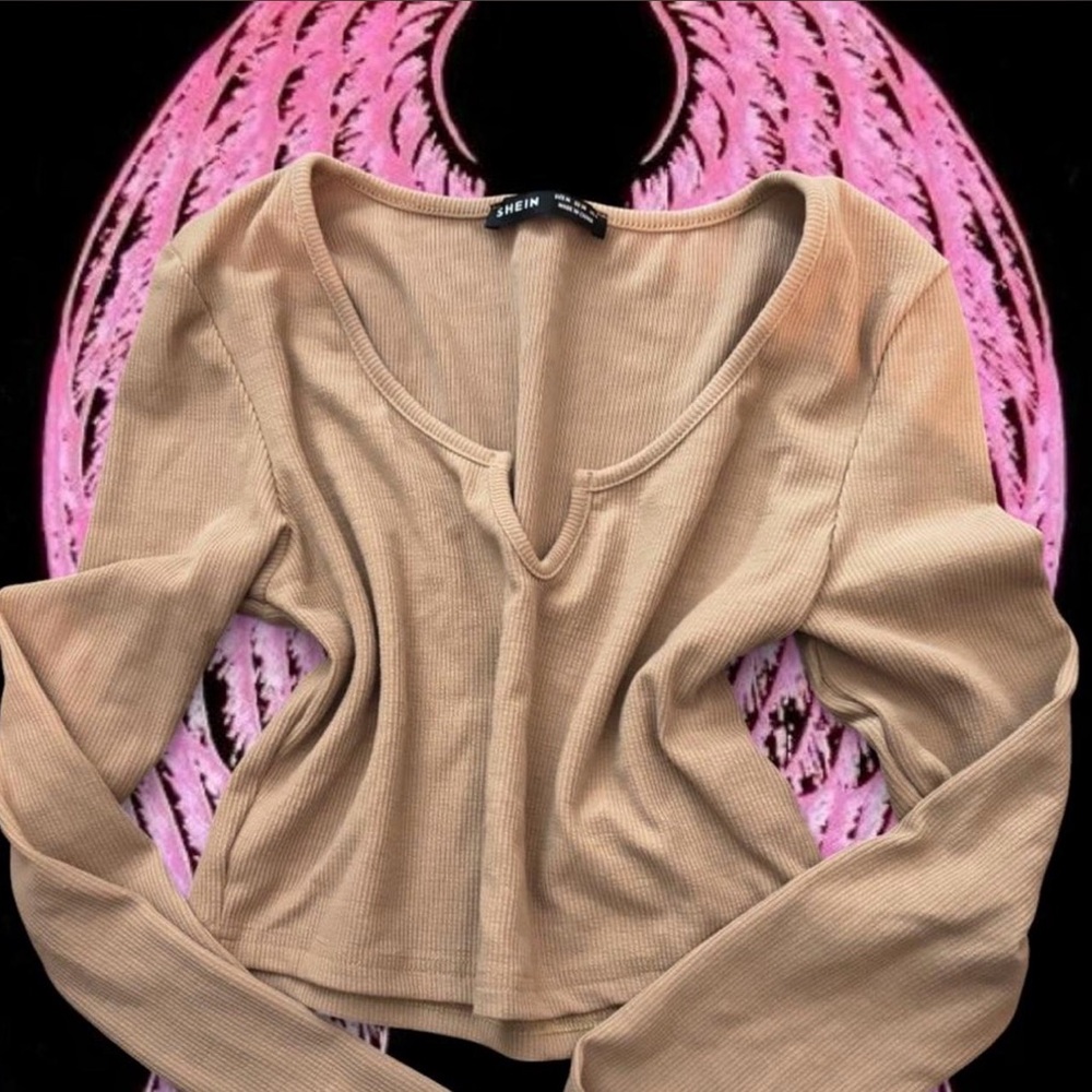 SHEIN Taupe Ribbed V-Notch Long Sleeve Top